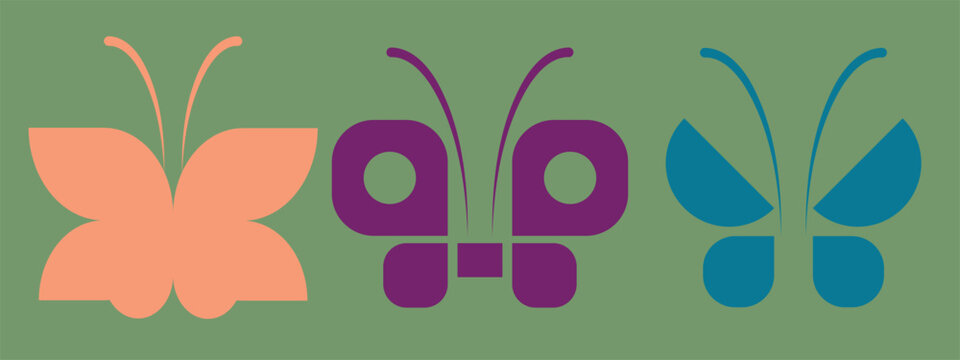 Collection of three minimalist butterfly logo designs created in a clean geometric flat style. Featuring elegant butterfly silhouettes with simple symmetrical wings and modern color variations in peac