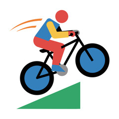 Obraz premium Stylized human figure riding a bicycle in a dynamic action pose, flat graphic design with solid colors. Modern cycling concept