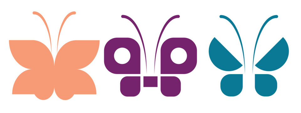 Collection of three minimalist butterfly logo designs created in a clean geometric flat style. Featuring elegant butterfly silhouettes with simple symmetrical wings and modern color variations in peac