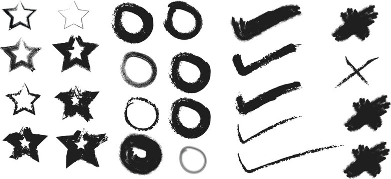 Set of hand drawn grunge stars circles check marks and cross symbols for design elements
