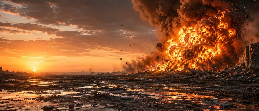 Massive explosion with fire and smoke in landscape at sunset. Destroyed environment and debris in wake of disaster. Concept of war, conflict, destruction and emergency catastrophe.