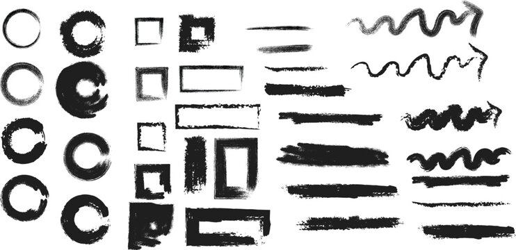 Assorted grunge shapes including circles squares lines and arrows with rough textures
