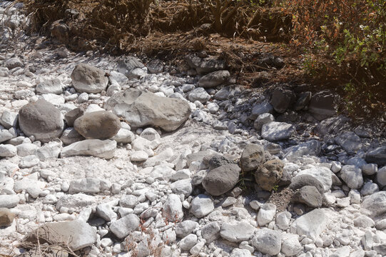 White Calcium Carbonate and Mineral Salt Crust Deposited After Winter Rains and Flash Floods on Dry Volcanic Riverbed Rocks in Barranco de la Mina Gran Canaria