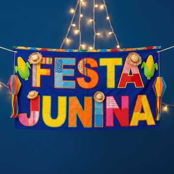 Festa Junina banner with colorful letters and traditional decorations hung against a dark blue background with string lights. Bright party decor ideal for Brazilian June festivities and celebrations.