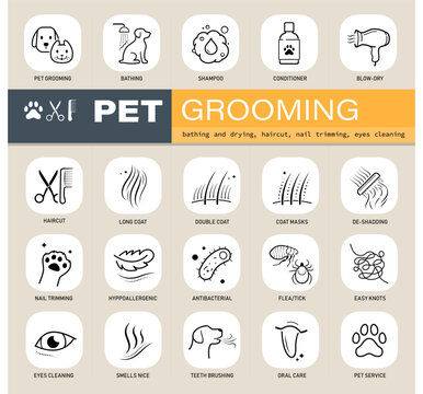 Pet grooming icon set for dog and cat care. The outline vector icons are well scalable and editable for packaging label design. Great for infographic for different backgrounds. EPS10.
