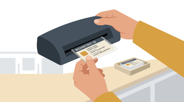 Vector Illustration of Person Inserting Biometric ID Card Into Reader
