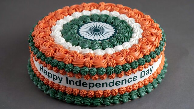 Indian independence day celebratory cake with saffron white and green icing rosettes and ashoka chakra emblem on top displayed on grey background with happy independence day message.