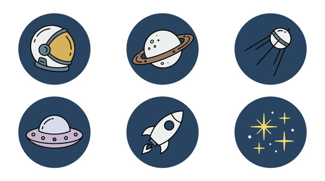 Minimal dark blue circular badge collection of space doodle icons including astronaut helmet, saturn planet, satellite, ufo, rocket ship and glowing star