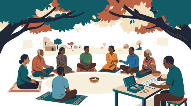 African Community Savings Group Meeting Under Trees Illustration