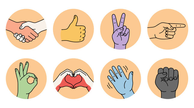 Peach tone circular sticker set of eight colorful hand gesture doodle icons showing handshake, thumbs up, peace sign, pointing, ok sign, heart hands, waving fist flat 