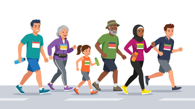 Multigenerational diverse group of people jogging together in a marathon event flat vector illustration.