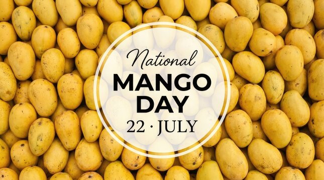 Full background pattern of raw yellow mangoes surrounding a circular national mango day title badge