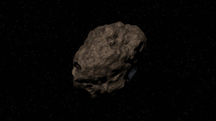 Realistic 3D illustration of a massive asteroid or meteorite floating in the deep dark space filled with glowing stars. Perfect for science, education, and astronomy concepts.  © Selvina