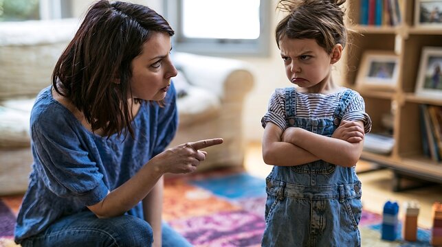 Mother scolding her stubborn child who is crossing arms and looking away.