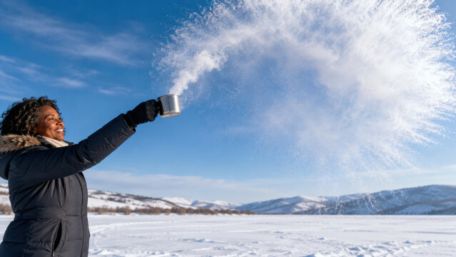 Woman in a dark winter coat tossing hot water into frigid air above a frozen lake, creating an arc of instant vapor and ice crystals. Winter science demonstration, cold weather fun.