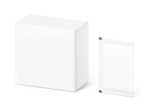 Three side seal sachet bag with paperboard box mockup for medical or cosmetic product presentation. Front view. 3D hight realistic vector illustration isolated on white background. Scalable. EPS10.