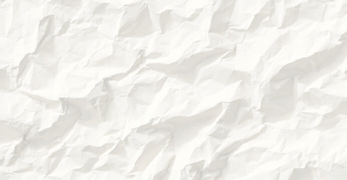 A close up view of a white crumpled paper texture with deep creases, folds, and shadows creating a rough and uneven surface pattern effect