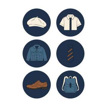 Six men&rsquo;s casual clothing circular dark badge icons featuring beret hat, short sleeve shirt, denim jacket, striped necktie, leather brogue shoe and canvas 
