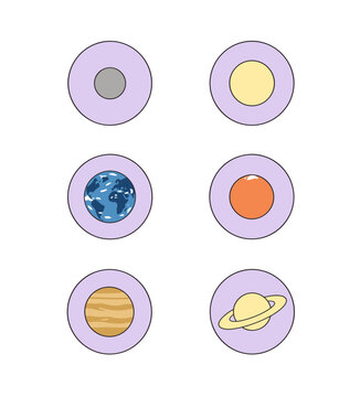 Six solar system planet circular pale purple badge icons, flat vector illustration of moon, sun, earth, mars, jupiter and saturn planetary graphics isolated