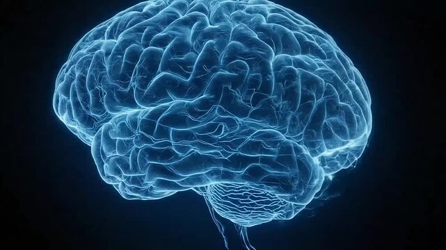 A glowing digital illustration of a human brain on black background