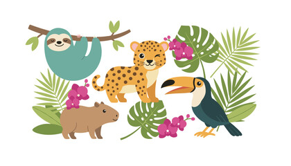 Fototapeta premium Collection of cute jungle animals including a sloth, leopard, toucan, and capybara with tropical leaves and pink orchid flowers.
