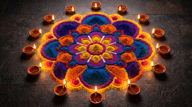Colorful rangoli powder art with glowing clay oil lamps arranged around it, top view