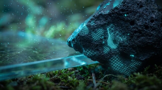 A micro-perspective focusing on the tactile contrast between digital geometry and organic mineral textures.
