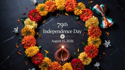 Seventy ninth Indian independence day celebration card with marigold wreath and traditional oil lamp diya on black stone background honoring august fifteen national holiday spirit.