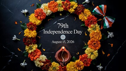 Seventy ninth indian independence day celebration card with marigold wreath and traditional oil lamp diya on black stone background honoring august fifteen national holiday spirit.