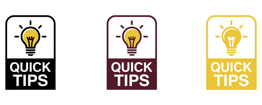 Set of three quick tips labels with lightbulb icons for business advice and creative solutions.