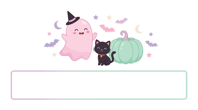 Cute pastel pink ghost and black kitten sitting beside a decorative mint green holiday pumpkin