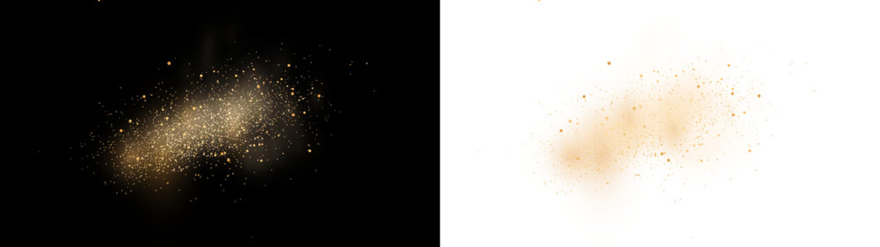 Luxury golden glitter dust with glowing sparkles and shimmering magic particles on black background