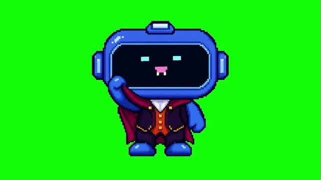 Halloween cute pixel art Dracula robot I bite prices not customers green screen animation