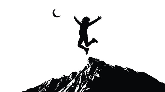 Energetic person jumping high above a rocky mountain peak under a glowing crescent moon silhouette