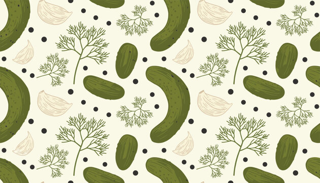 Charming seamless pattern showcases fresh green cucumbers, dill sprigs, garlic cloves, and black pepper on cream.