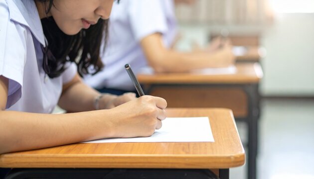 Asian female student in white uniform writing and studying for examination at school classroom desk