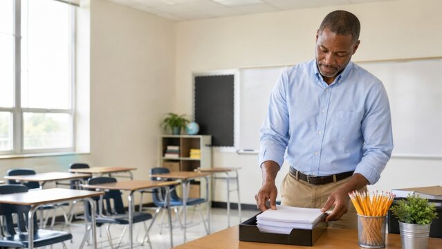 Male teacher organizing papers on a desk in a bright empty classroom. The scene shows a professional educator preparing materials with natural window light and pencils nearby.