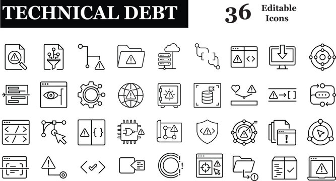 Technical Debt Black Outline Icon Set - Vector Line Art Code Profiling Automated Refactoring and Software Quality Analytics