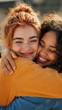Two young women embrace and smile warmly, showing friendship and affection in natural light. The image conveys joy, closeness, and multicultural friendship.