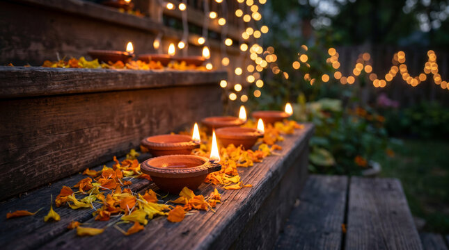 Lit clay oil lamps with marigold petals on rustic wooden steps and warm string lights at dusk