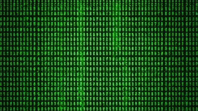 Futuristic digital matrix with green binary code on a dark background.
