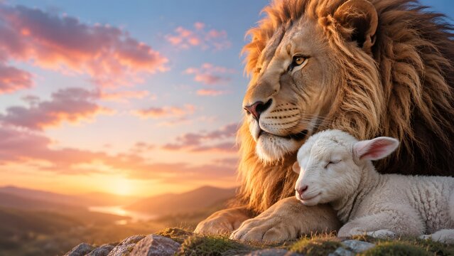 Lion lying with a lamb at sunset. Concept of peace, friendship, and unlikely companionship between predator and prey in nature. Symbolic imagery for harmony and unity in the wild.
