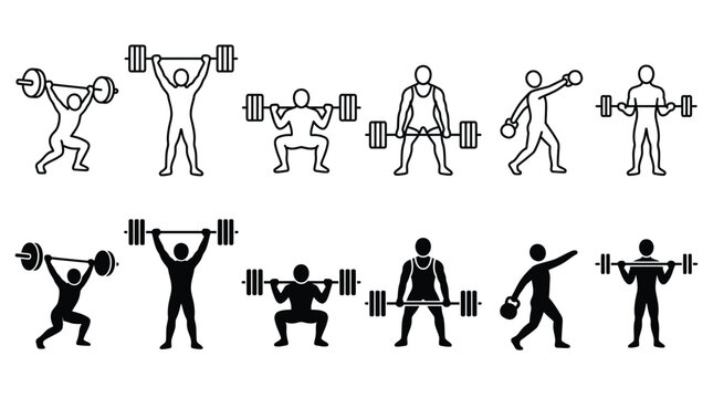 Set of black and white icons showing people performing various heavy weightlifting exercises and routines