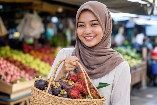 Woman in a hijab smiles while holding a wicker basket of tropical fruits at an outdoor market. The image conveys fresh produce, friendly mood, and everyday shopping activity.