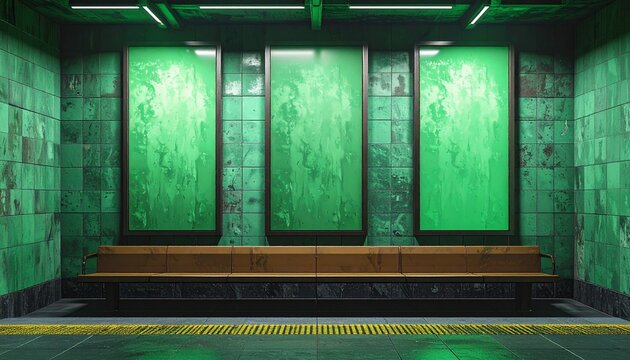 Three vertical green blank billboards on underground wall Mockup. Hoardings advertising triptych on subway wall interior 3D rendering

