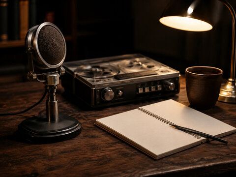 Vintage Microphone and Tape Recorder on Wooden Desk