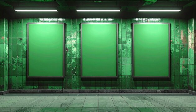Three vertical green blank billboards on underground wall Mockup. Hoardings advertising triptych on subway wall interior 3D rendering
