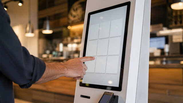 Self Ordering Kiosk in Modern Restaurant with Customer Hand