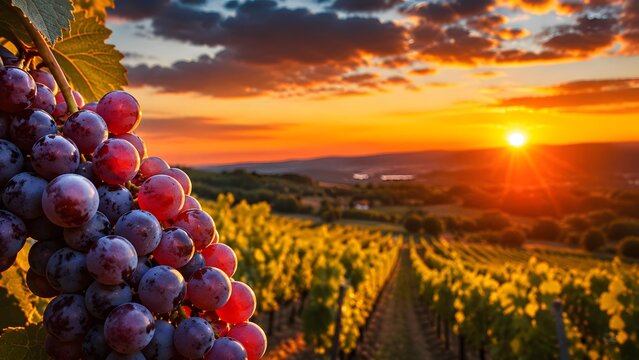 Cluster of fresh red grapes hanging in vineyard during sunset. Agricultural landscape with ripening fruit at dusk. Natural viticulture and wine production theme in rural countryside.