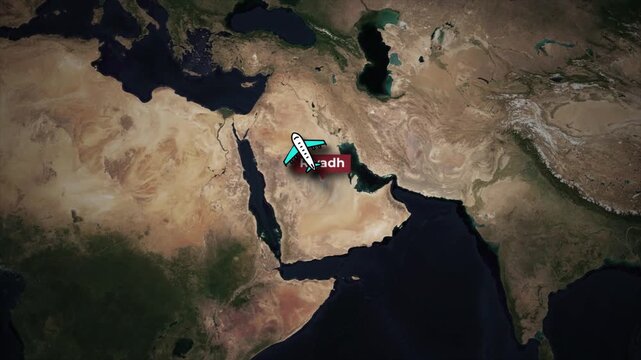 Airplane Flight Route Animation Riyadh to New York on Global Map